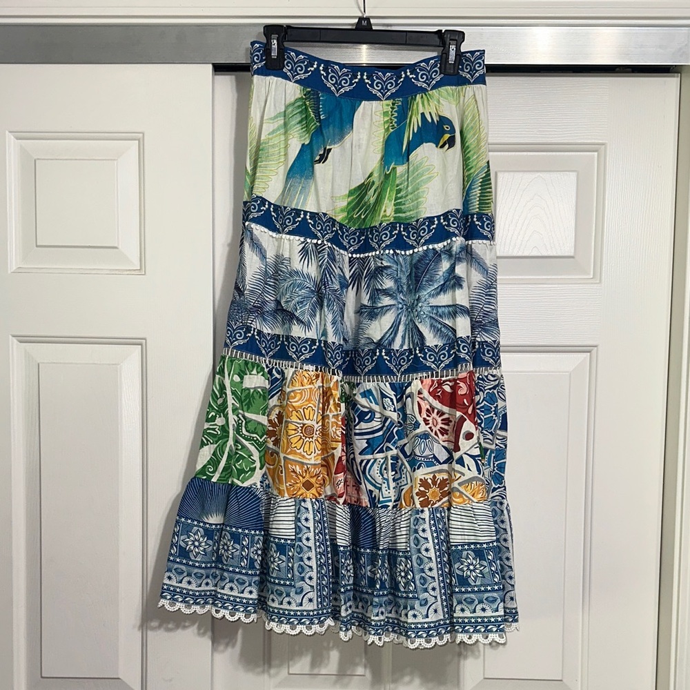 FARM Rio Blue and Green Tropical Midi Skirt